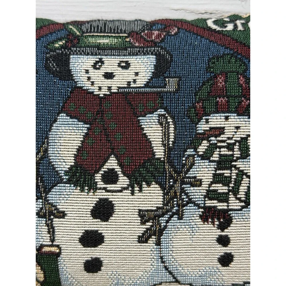 Vintage Christmas Tapestry Pillow Snowmen Holiday Decor Needlepoint Style 12”x8”